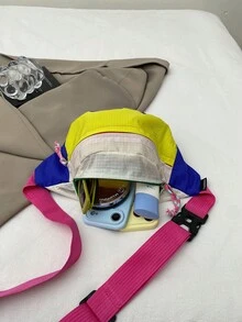 馬卡龍配色拼色帆布女款腰包，大容量休閒斜挎胸包，拼接運動手機腰包 - 彩色 - 查看 11