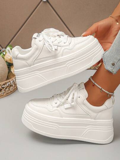 White Women's Thick Sole Sneakers, Solid Color Lace-Up White Shoes, Platform Sole, Fashion Versatile Casual Women's Shoes