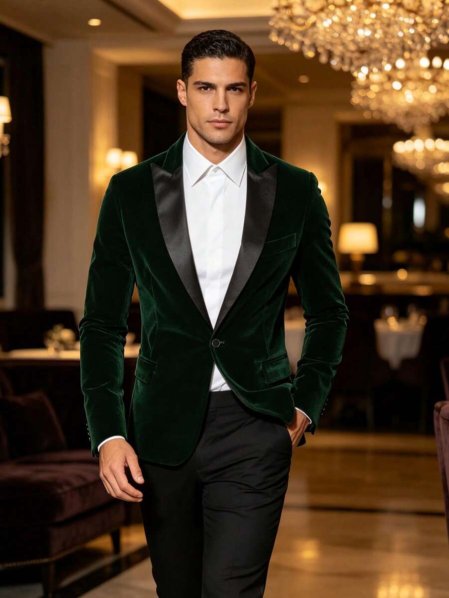 Men's Velvet Blazer, Banquet Stage Performance Evening Dress - Dark Green - View 1