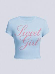Y2K Retro Short Sleeve Slim Fit Flattering Flag Print Cropped Top For Women - Baby Blue - View 4