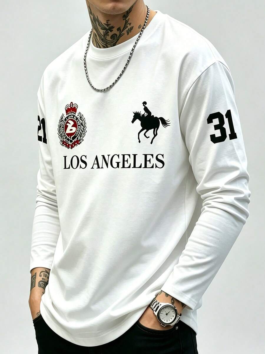 Men's Retro Western Equestrian LA Letter Graphic Long Sleeve T-Shirt - White - View 1