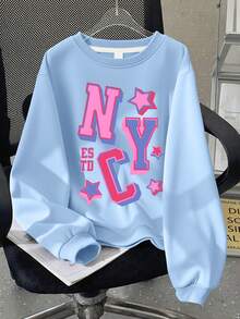 Girl's Cartoon Letter Print Crew Neck Sweatshirt & Slim Fit Star Print Flare Jeans, 2pcs Set For Autumn/Winter - Baby Blue - View 4