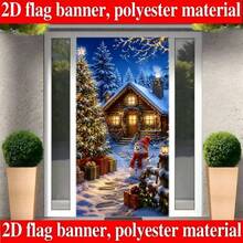 2D Plane 1 Piece Christmas Winter-Themed Banner Background, Featuring Snowy Log Cabin, Decorated Christmas Tree, Snowman, And Christmas Gift Designs, Made Of Polyester Material, No Power Required For Easy Use - View 2