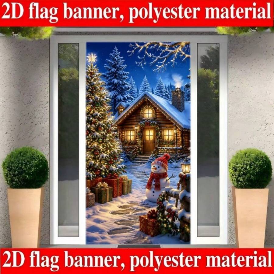 2D Plane 1 Piece Christmas Winter-Themed Banner Background, Featuring Snowy Log Cabin, Decorated Christmas Tree, Snowman, And Christmas Gift Designs, Made Of Polyester Material, No Power Required For Easy Use