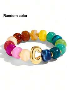 1pc Women's Rainbow Letter Beaded Bracelet, Colorful Resin Large Bead Elastic Bangle, A-Z English Letter Personalized Design, Stackable Fashion Accessory, Suitable For Daily Wear And Gifting - Multicolor - View 23