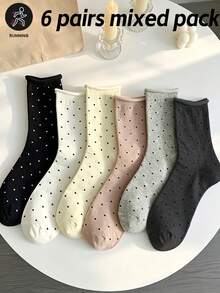 6雙女款混色波點中筒襪，秋冬時尚百搭純色長襪，適合日常穿著 - 彩色 - 查看 1