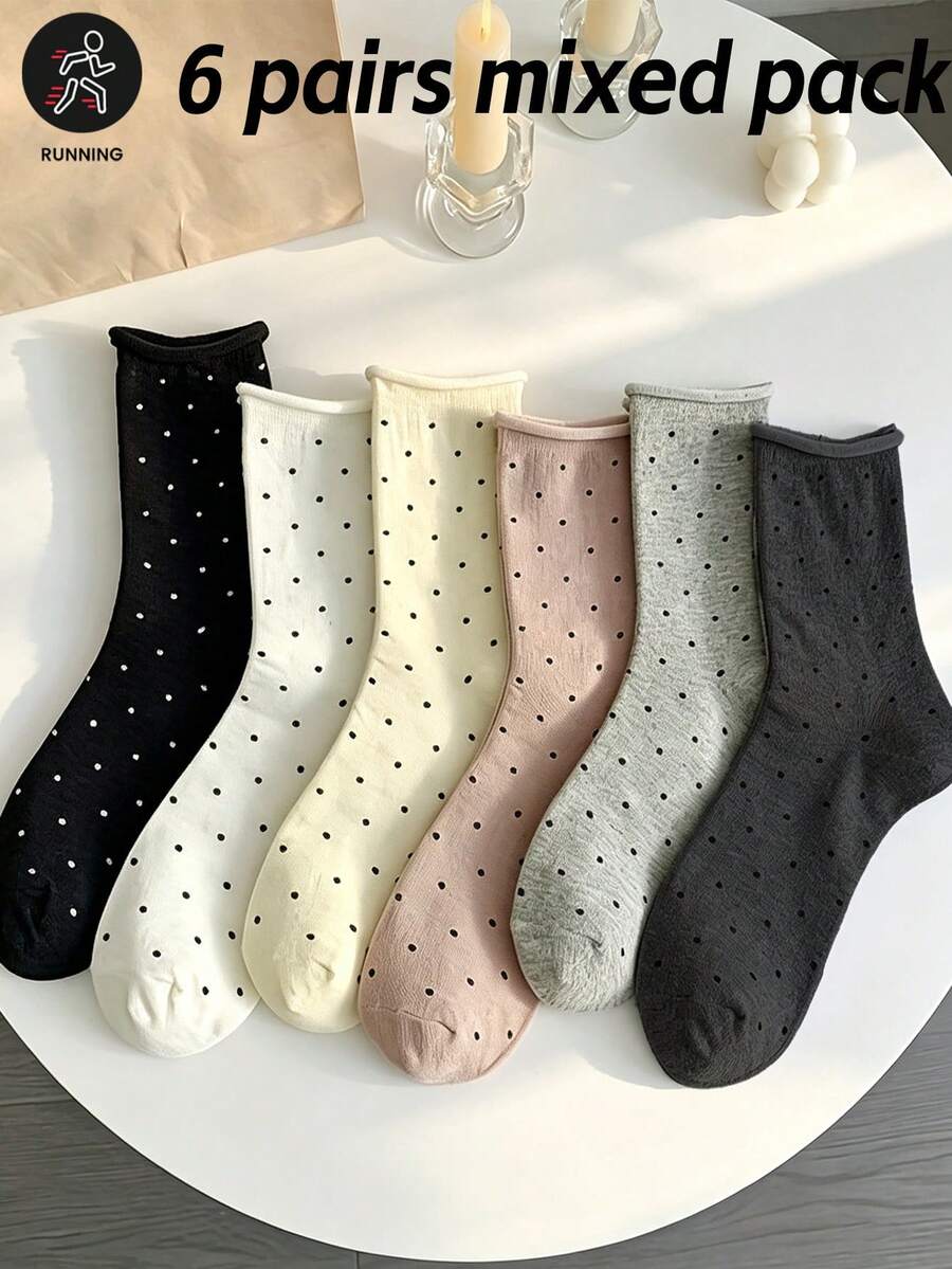 6雙女款混色波點中筒襪,秋冬時尚百搭純色長襪,適合日常穿著 - 彩色 - 查看 1