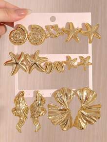 3/8 Pairs Oversized Gold-Plated Petal Starfish Shell Earrings, Gold Women's Earring Set. Suitable For Daily Beach Ocean Vacation (Non-Fading, Lightweight CCB Material) - Gold - View 9