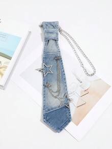 1PC Vintage Washed Light Blue Denim Tie With Rhinestone Star Chain, Y2K Millennium Hot Girl Shirt Decorative Mini Tie - Light Denim Stars - View 9