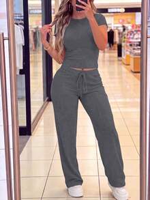 Women's Spring/Summer/Autumn New Round Neck Short Sleeve T-Shirt & Casual Daily Elastic Waist Loose Long Pants 2 Pieces Set, Outfit Elegant - Dark Gray 51 - View 3
