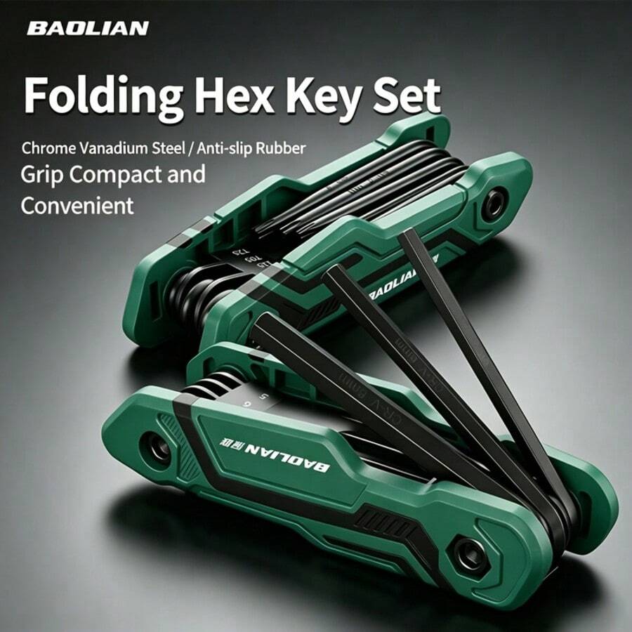 High Hardness Vanadium Steel Folding Hex Key Wrench, Metric & Imperial Socket With Hook, Home, Auto, Bicycle Repair Tool, Includes Reflective Stickers For Night Riding
