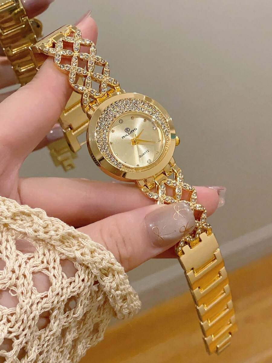 1件金色/銀色女款手錶,極簡新風格,鑲鑽優雅時尚,休閒百搭,石英手錶,適合日常裝飾 - 金色 - 查看 1