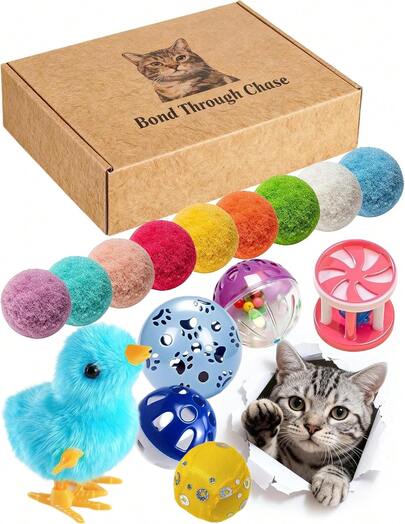 15 Pack Cat Toys Balls With Bell Balls And Wind Up Chicken For Interactive | Active Exercise, Soft Surface, Easy To Clean, 15 In - 37 In