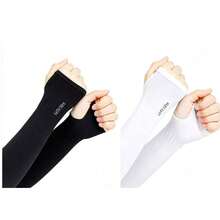 2 Pairs Black And White Women's Spring/Summer Fashion Minimalist Sun Protection UV-Resistant Sweat-Wicking Elastic Ice Silk Fabric Solid Color Long Over-Elbow Arm Sleeves For Outdoor Sports, Travel, Cycling, Driving - Black and White - View 9