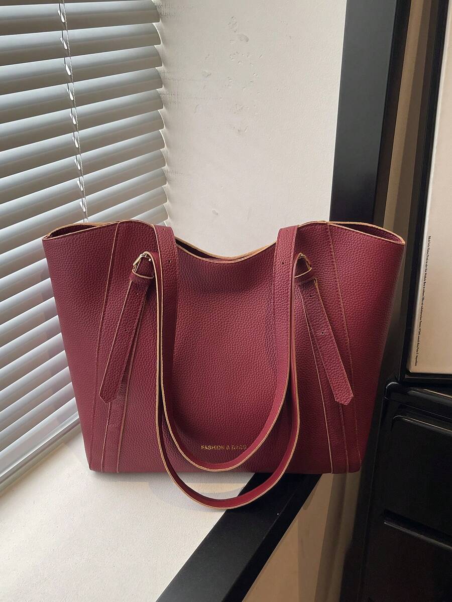 Fashionable New Solid Color Large Capacity Letter Tag Design Shoulder Bag, Minimalist Practical Commuter Style Women's Bag - Red - View 1