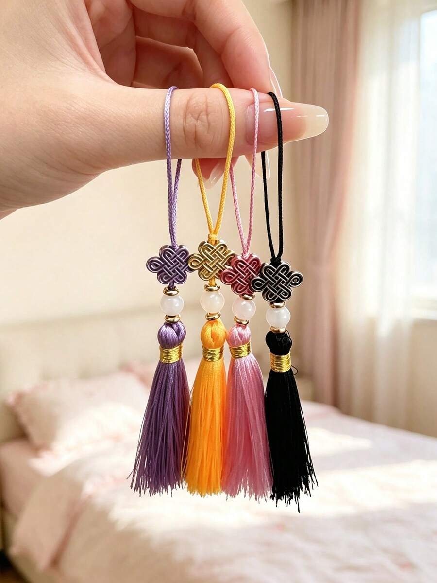 New Chinese Style Chinese Knot Tassel Phone Lanyard Faux Jade Bead Mini Thin Cord Vintage Oriental Bag Key Charm Multi Color Available - Black - View 1