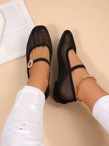 Sapatos Mary Jane Planos de Bico Quadrado com Malha Oca Preta, Fivela de Pérola, Tira Única, Respiráveis, Mocassins para Uso Diário e Deslocamento - Preto - Visão 2