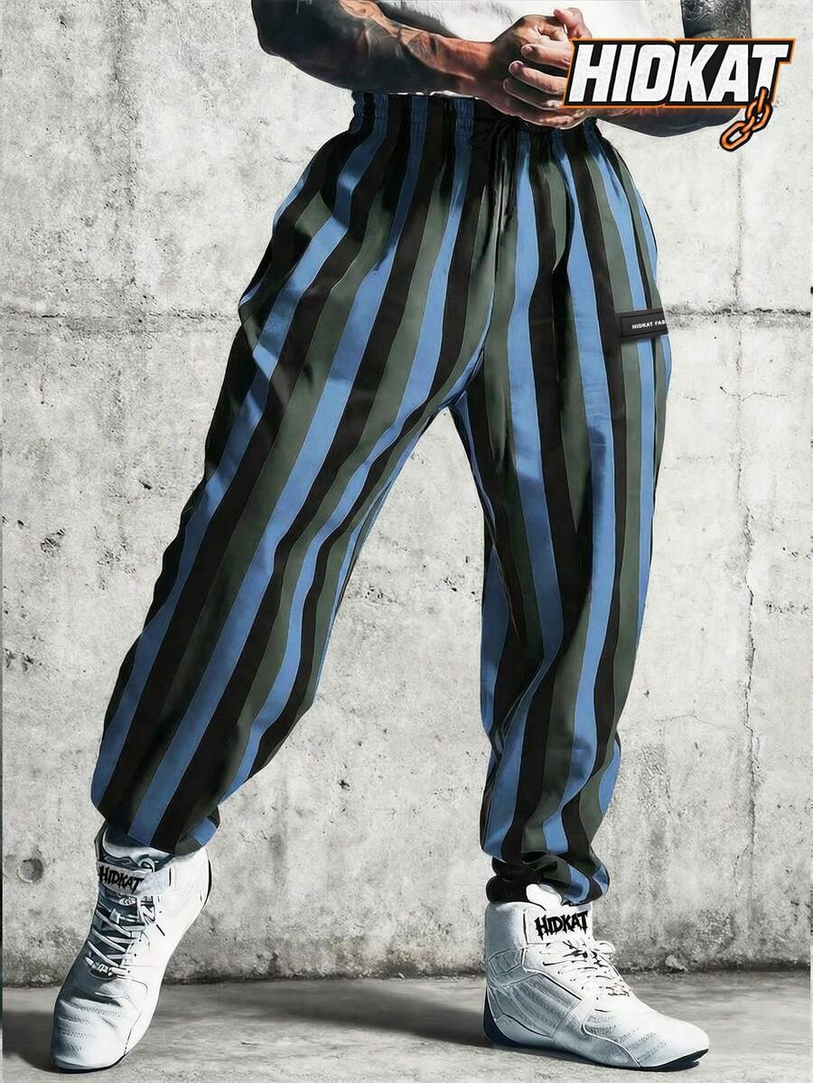 Hidkat Men's Spring/Autumn Fashion Casual Striped Long Pants, Drawstring Waist With Pockets, Three-Color Striped Minimalist Design, Suitable For Outdoor Leisure, Sports, Daily Fashion Wear - Multicolor - View 1