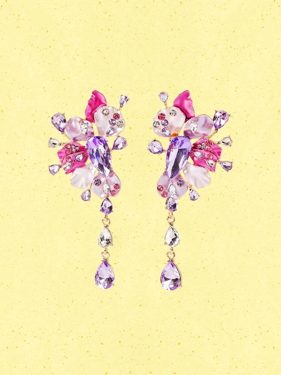 Popjeli 2pcs Fashionable & Elegant Exaggerated Flower Stud Earrings With Rhinestone Encrusted Purple Teardrop Pendant, Suitable For Women's Daily - Purple - View 1