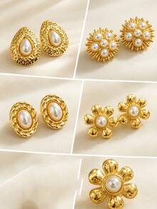 Women's Gold Pearl Earring Set, 6 Pairs Stainless Steel Hypoallergenic Studs, Vintage Floral Radiating Water Drop Jewelry Gift - Gold - View 5
