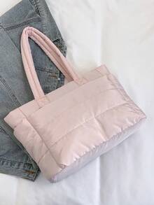 1pc Women's Solid Color Zipper Decor Shoulder Bag Large Capacity Zipper Opening With Compartment Tote Bag - Pink - View 3