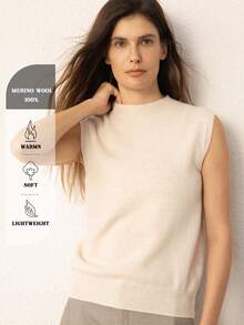 100% Pure Merino Wool Women's Vest, Stand Collar Sleeveless Knit Tank Top, Wool Base Layer Pullover, Basic Top, Women's Autumn Sweater Casual - Beige - View 3