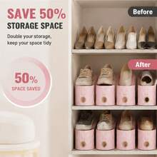 10pcs Entryway Shoe Rack, Vertical Stripes With Gold Rings, Tiered Shoe Storage Organizer, 2-Level Height Adjustable For Flats, High Heels, Thick Sole Shoes, Non-Slip Bottom With Stable Grip, Built-In Handles For Easy Access, Stackable Design To Expand Shoe Cabinet Space, Small Apartment Entryway Dorm Shoe Sorting Storage - Halloween Gift - Pink - View 3
