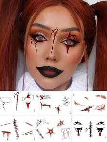 6 Sheets Waterproof Halloween Scary Temporary Face Tattoos Zombie Fake Wound Scar Spider Web Clown Horror Tattoo Makeup Stickers For Cosplay Festival Prank Party Accessories - Multicolor - View 10