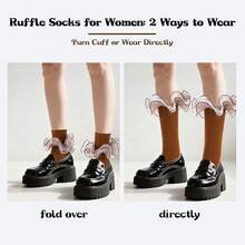 NEW- Women Big Ruffle Ankle Socks Adult Fluffy 4-Layer Lace Frilly Socks Fold Cuff Cotton Fancy Ruffled Dress Bobby Sock - Brown - 1 Pair 46182 - View 6