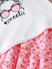2pcs/Set Girls Casual Sweet Cool Outfit Cartoon Print White T-Shirt + Floral Cake Skirt Fashion Two Pieces Set Suitable For Summer - Pink - View 4
