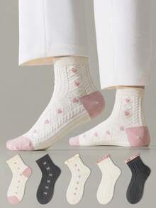 ZUJO 5 Pairs Women's Ruffle Pink Short Socks, Floral & Bow & Cable Knit Pattern, Suitable For All Seasons, Simple & Comfortable, Random Color - Multicolor - View 2