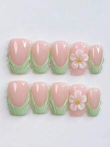 10pcs Green French Square Y2K Hot Girl Style Minimalist Versatile 3D Floral Handmade Press-On Nails Cute Girl Nail Art Supplies - Green - View 3