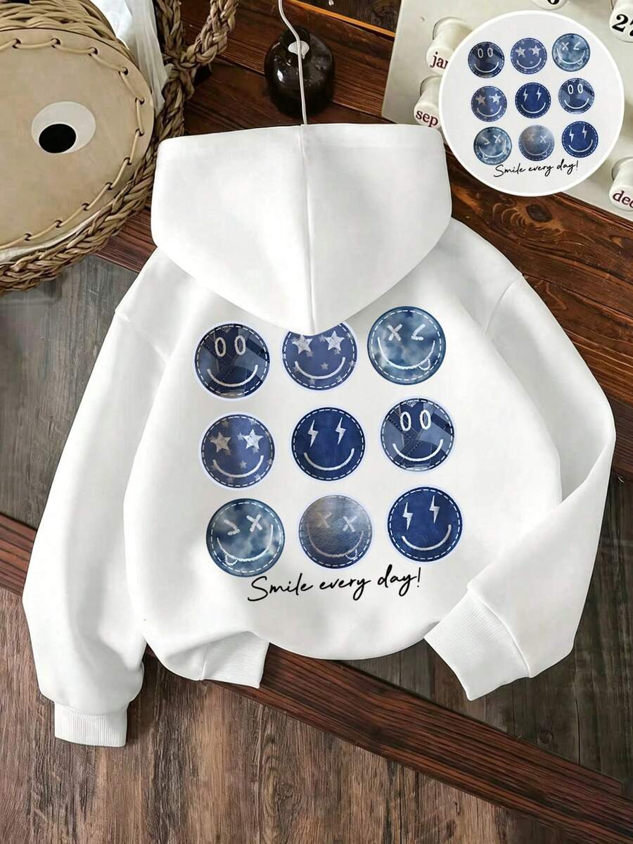 Tween Girl Cartoon Pattern Hooded Casual Everyday Sweatshirt - White - View 1