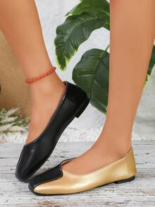 1 Pair Women's Black Gold Two Tone Patchwork Square Toe Slip On Flat Loafers, Spring Autumn Daily Office Walking Footwear - Gold - View 5