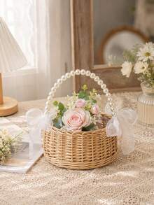 1/2pcs Handmade Pearl Princess Flower Basket, Woven Storage Basket, Handheld Flower Basket, Handmade Flower Basket, Home And Wedding Decor - Multicolor - View 4