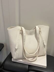 Fashionable New Solid Color Large Capacity Letter Label Design Shoulder Bag, Minimalist Practical Commuter Style Women's Bag - White - View 6