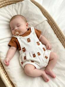 Set 2pcs Baju Bayi Baru Lahir Lengan Pendek & Celana Pendek Overall Bordir Beruang, Ukuran Sedang-Tipis untuk Bayi Merangkak di Musim Semi/Panas - Coffee Brown - View 3