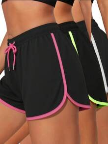 Women's Sweet & Cool Rose Red Trim Quick-Dry Shorts, Street Style Loose Sports Pants, Black Summer Style - Black - View 9