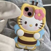 SANRIO 1pc Yellow Cartoon Hello Kitty Flower & Butterfly Full Coverage Silicone 3D Soft Shockproof Phone Case Suitable For IPhone13/14/15/16/PROMAX, Color As Shown - Pink - View 4