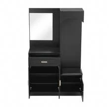 Modern Compact Wardrobe With Shoe Cabinet And Mirror, Black - 黑色 - 查看 3