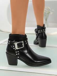Niche Punk Style Rivet Belt Buckle Ankle Boots For Women, 7cm Thick Heel Pointed Toe Western Cowboy Boots, Vintage Brown Distressed Leather Side Zipper Daily Commute Versatile Ankle Boots - Black - View 1