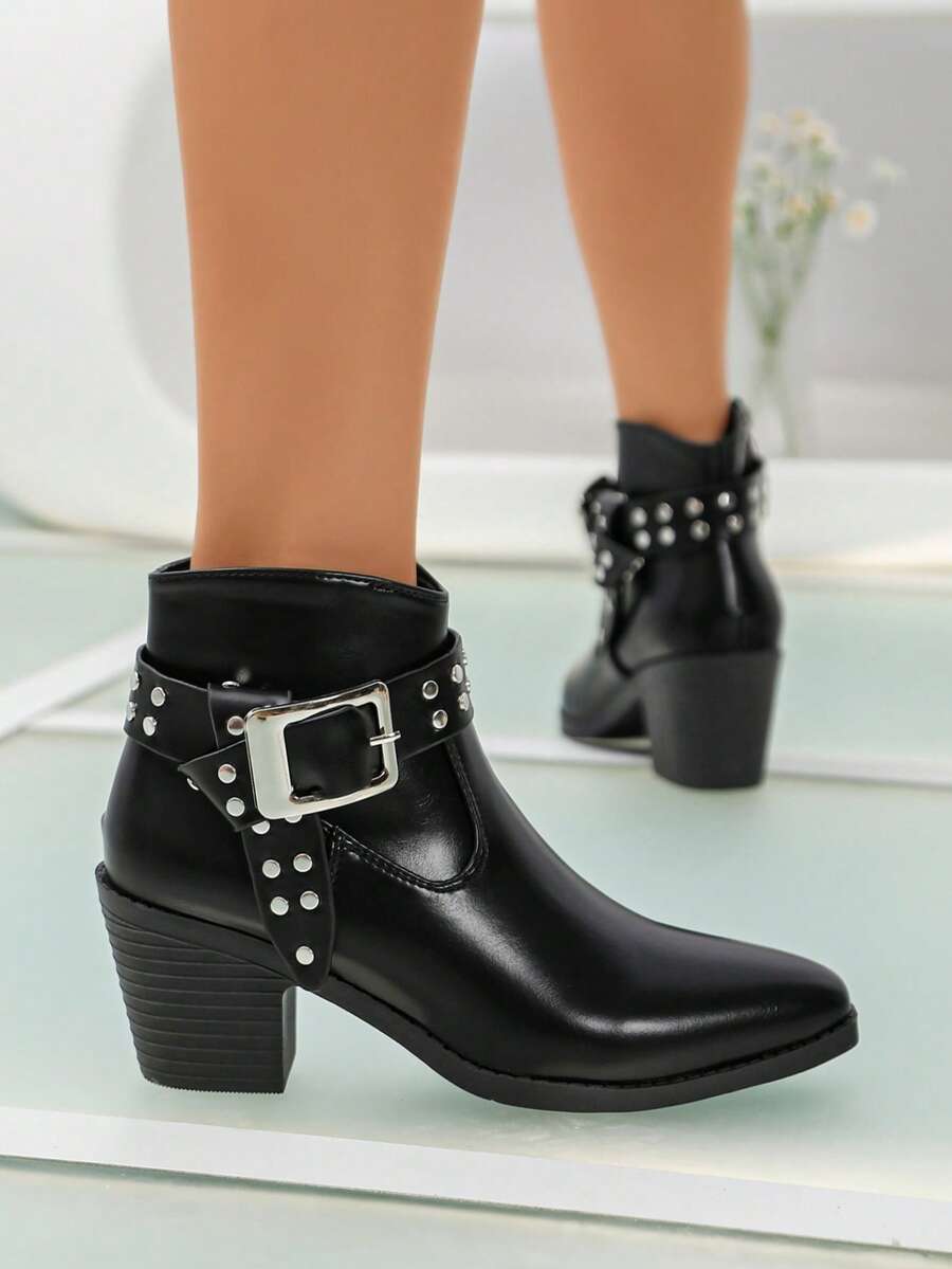Niche Punk Style Rivet Belt Buckle Ankle Boots For Women, 7cm Thick Heel Pointed Toe Western Cowboy Boots, Vintage Brown Distressed Leather Side Zipper Daily Commute Versatile Ankle Boots - Black - View 1