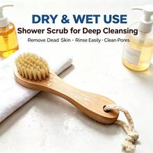 Cepillo de limpieza de cerdas con mango de madera, cepillo de baño multifunción, herramienta de limpieza de cerdas con ranura y cuerda para colgar para uso doméstico - Albaricoque - Ver 6