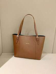 1pc PU Fashion Solid Color Large Capacity Design Shoulder Tote Bag - Brown - View 4