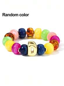 1pc Women's Rainbow Letter Beaded Bracelet, Colorful Resin Large Bead Elastic Bangle, A-Z English Letter Personalized Design, Stackable Fashion Accessory, Suitable For Daily Wear And Gifting - Multicolor - View 22