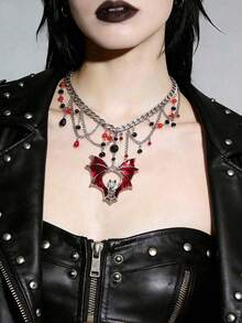 Vintage Gothic Halloween Big Bat Red Bat Sexy Cross Pendant Black Bead Tassel Necklace Women's Personalized Collarbone Chain Versatile Accessory - Red - View 1