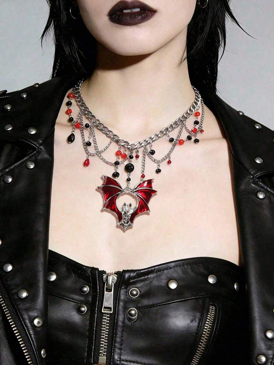 Vintage Gothic Halloween Big Bat Red Bat Sexy Cross Pendant Black Bead Tassel Necklace Women's Personalized Collarbone Chain Versatile Accessory - Red - View 1