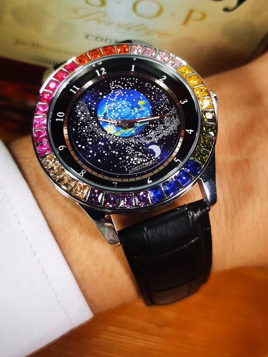 男士時尚自動腕錶 浪漫星空夜光錶盤 奢華水鑽錶殼 適合聖誕節、父親節、開學季、日常配戴、禮物 - 藍色 - 查看 1