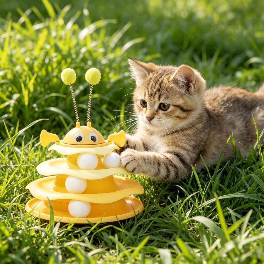 1pc - Pet Carousel Toy | Bee-Shaped Rolling Toy, Suitable For Pet Entertainment And Play. Multi-Layer Rotating Design Brings Endless Fun, Perfect For Pet Entertainment And Exercise. Pet Entertainment Toy, Pet Carousel. - Multicolor - View 1
