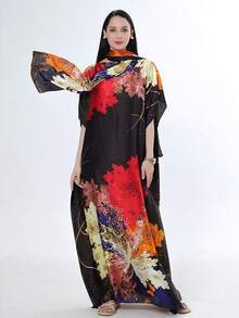 1件女款花卉印花絲綢感披肩式外衣附小圍巾套裝，套頭式，裝飾性外穿，適用海灘、防曬、防風、抗UV、日常穿著 - 彩色 - View 2